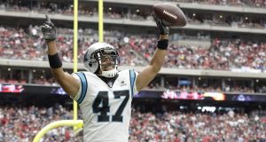HOUSTON, TX - SEPTEMBER 29: Ross Cockrell #47 of the Carolina Panthers celebrates after an interception against the Houston Texans in the first half at NRG Stadium on September 29, 2019 in Houston, Texas.