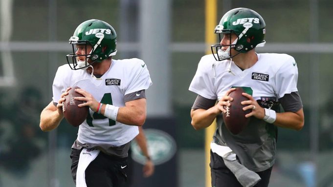 FLORHAM PARK, NEW JERSEY - AUGUST 23: Sam Darnold #14 and Mike White #8 of the New York Jets run drills at Atlantic Health Jets Training Center on August 23, 2020 in Florham Park, New Jersey.