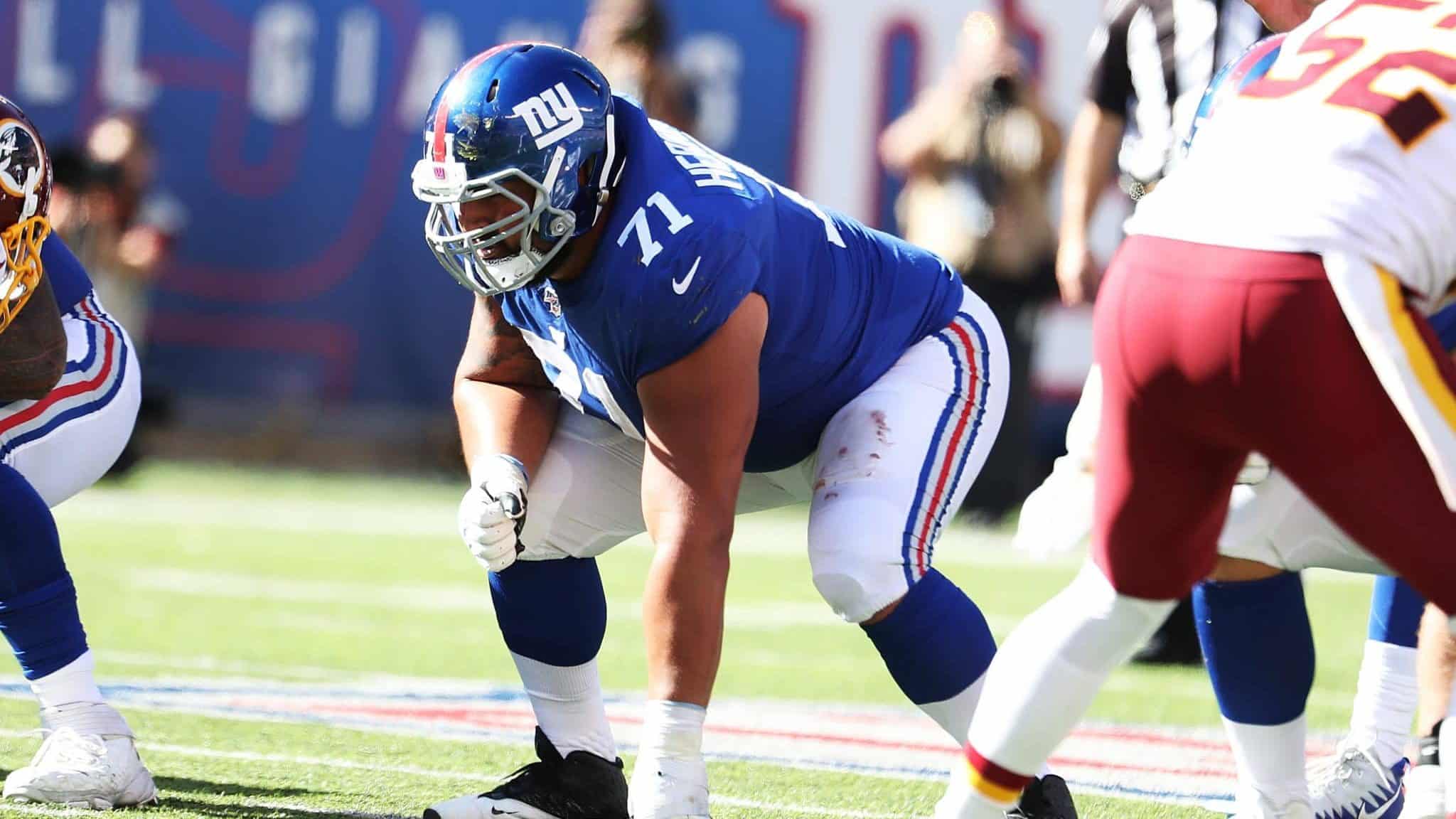 EAST RUTHERFORD, NEW JERSEY - SEPTEMBER 29: Will Hernandez #71 of the New York Giants in action against the Washington Redskins during their game at MetLife Stadium on September 29, 2019 in East Rutherford, New Jersey.