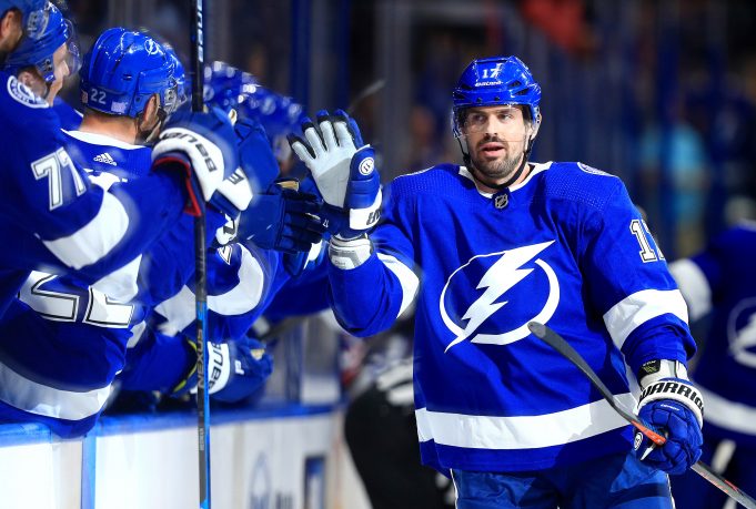 TAMPA, FLORIDA - NOVEMBER 14: Alex Killorn #17 of the Tampa Bay Lightning celebrates a goal during a game against the New York Rangers at Amalie Arena on November 14, 2019 in Tampa, Florida.