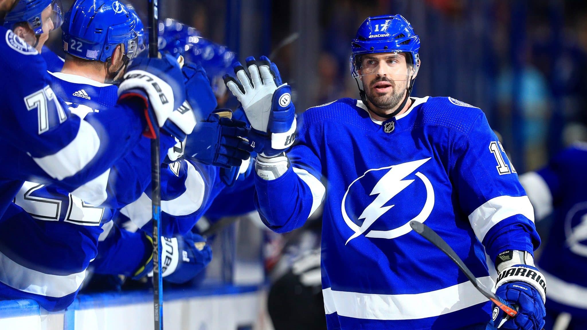TAMPA, FLORIDA - NOVEMBER 14: Alex Killorn #17 of the Tampa Bay Lightning celebrates a goal during a game against the New York Rangers at Amalie Arena on November 14, 2019 in Tampa, Florida.