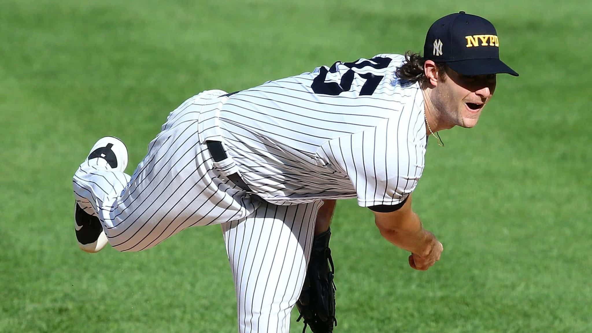 NEW YORK, NEW YORK - SEPTEMBER 11: Gerrit Cole #45 of the New York Yankees pitches in the first inning against the Baltimore Orioles at Yankee Stadium on September 11, 2020 in New York City.