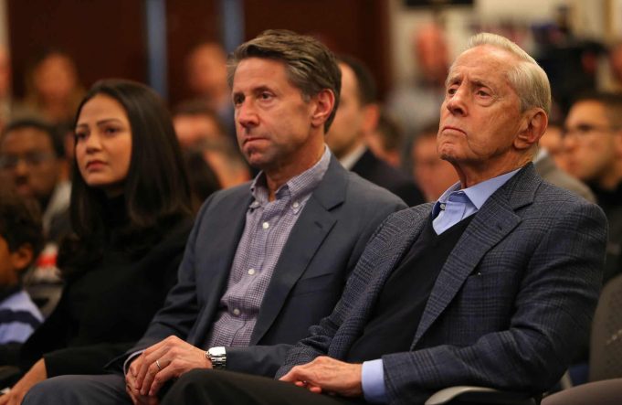 NEW YORK, NY - JANUARY 24: New York Mets Chief Operating Officer Jeff Wilpon and Chairman of the Board & Chief Executive Officer Fred Wilpon listen in as Luis Rojas is introduced as the team's new manager at Citi Field on January 24, 2020 in New York City. Rojas had been the Mets quality control coach and was tapped as a replacement after the newly hired Carlos Beltrán was implicated for his role as a player in 2017 in the Houston Astros sign-stealing scandal.