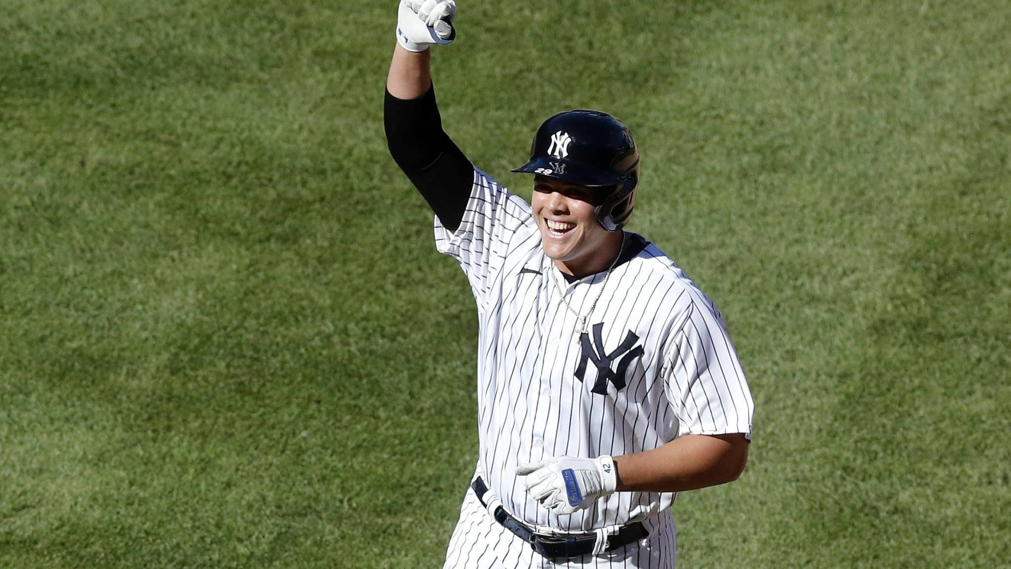 NEW YORK, NEW YORK - AUGUST 30: Gio Urshela #29 of the New York Yankees celebrates his eighth inning game winning base hit against the New York Mets during the first game of a doubleheader at Yankee Stadium on August 30, 2020 in New York City.