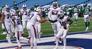 ORCHARD PARK, NEW YORK - SEPTEMBER 13: John Brown #15 of the Buffalo Bills celebrates a touchdown with Josh Allen #17 during the first half against the New York Jets at Bills Stadium on September 13, 2020 in Orchard Park, New York.