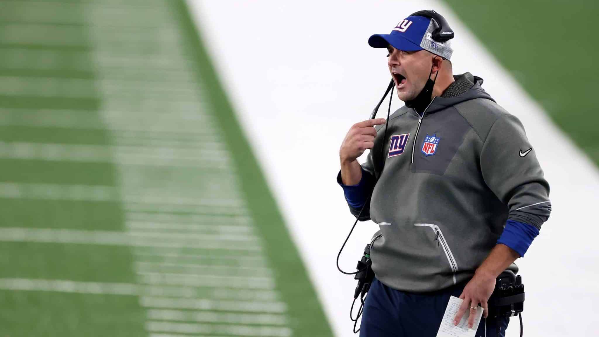 EAST RUTHERFORD, NEW JERSEY - SEPTEMBER 14: Head coach Joe Judge of the New York Giants reacts against the Pittsburgh Steelers during the second quarter in the game at MetLife Stadium on September 14, 2020 in East Rutherford, New Jersey.