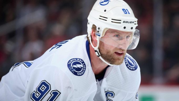 GLENDALE, ARIZONA - FEBRUARY 22: Steven Stamkos #91 of the Tampa Bay Lightning awaits a face off against the Arizona Coyotes during the first period of the NHL game at Gila River Arena on February 22, 2020 in Glendale, Arizona.
