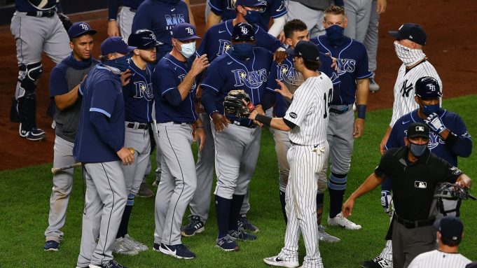 NEW YORK, NEW YORK - SEPTEMBER 01: New York Yankees and the Tampa Bay Rays exchanges words after the final out in the ninth inning at Yankee Stadium on September 01, 2020 in New York City.