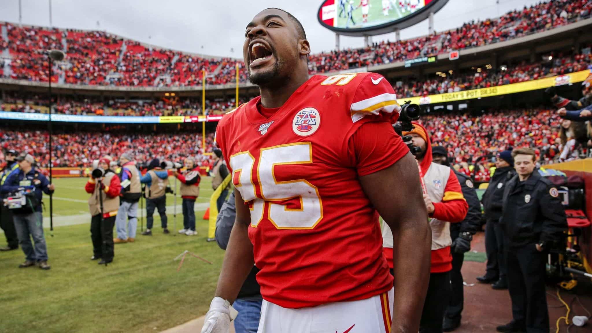 KANSAS CITY, MO - DECEMBER 29: Chris Jones #95 of the Kansas City Chiefs celebrated following the news that the Chiefs ended with the No. 2 seed in the AFC following the 31-21 win over the Los Angeles Chargers at Arrowhead Stadium on December 29, 2019 in Kansas City, Missouri.
