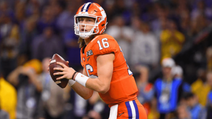 NEW ORLEANS, LA - JANUARY 13: Trevor Lawrence #16 of the Clemson Tigers passes against the LSU Tigers during the College Football Playoff National Championship held at the Mercedes-Benz Superdome on January 13, 2020 in New Orleans, Louisiana.
