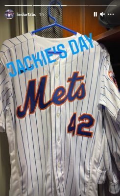 Francisco Lindor #12 - Game Used Jackie Robinson Day Jersey and Hat - 2-3,  2 HR's, 2 BB's, 3 RBI's and 3 Runs Scored - Mets vs. Diamondbacks - 4/15/22