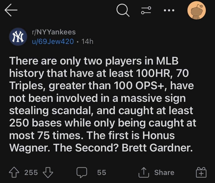 Reddit user compares Yankees' Brett Gardner to Honus Wagner