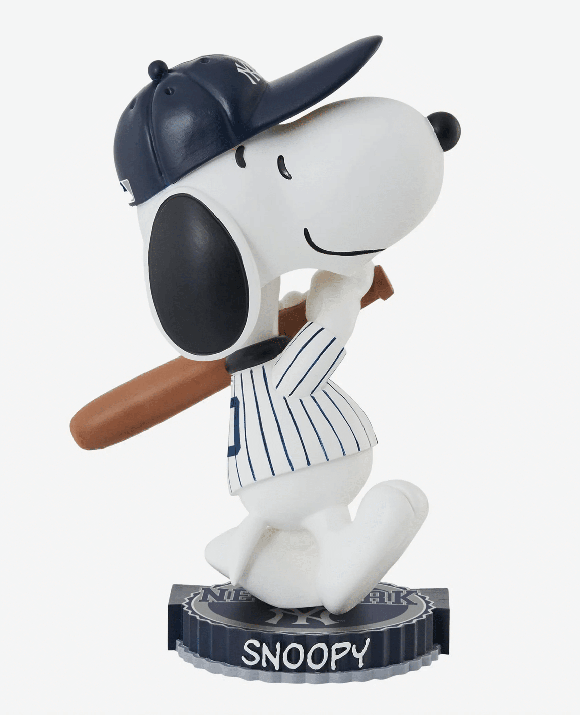 Snoopy is playing for Mets or Yankees  in bobblehead form